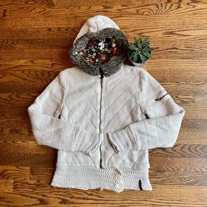 Vintage INDUSTRY Cream Sweater Zip-Up Jacket with Faux Fur Hood. Medium.